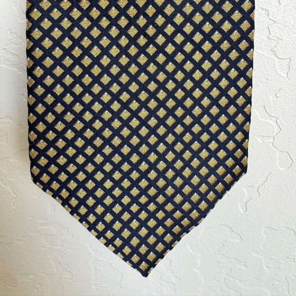 Lauren Ralph Lauren Silk Necktie Tie Geometric Pattern Navy Blue Gold